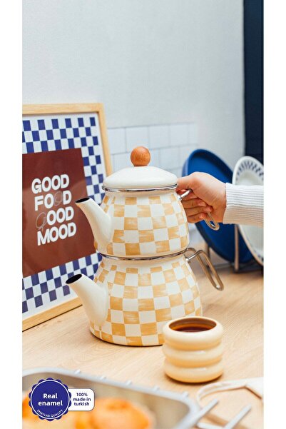 EMAYlab Enameled Teapot with Checkerboard Pattern in Beige (Suitable for All Stove)