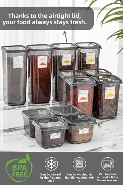 Meleni Home مجموعة مكونة من 12 حاوية تخزين مربعة الشكل مع ملصق بينو أنثراسايت 4x (0.50 LT-1،10 LT -1.70 LT)