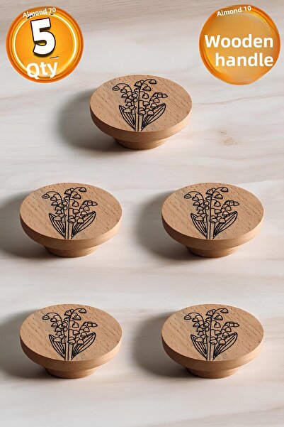 Badem10 Wooden Handle Button Tulip Patterned Children's Room Furniture Kitchen Drawer Cabinet Handle Handle Handles 5 Pieces