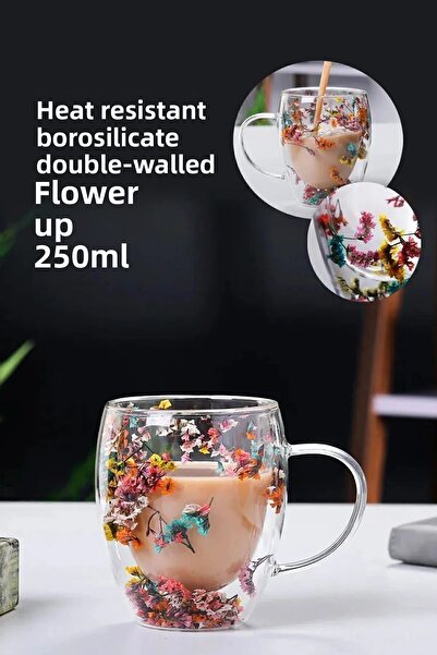Amentes كوب زهور البورسليكات ذو الجدار المزدوج المقاوم للحرارة - كوب زهور وكوب تقديم القهوة