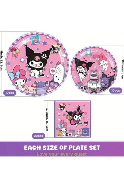 So Iconic Set de petrecere de aniversare cu 80 de bucăți Sanrio Kuromi pentru 20 de persoane / farfurie, ceașcă, șervețel din carton