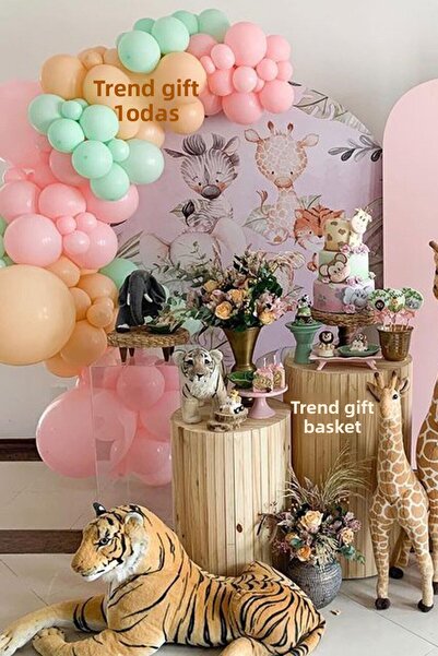 Trend Hediye Sepeti ماكرون باستيل وردي أخضر سالمون 75 قطعة سلسلة بالونات سفاري