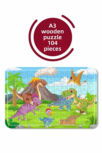 Baskı Atölyesi لغز خشبي لطيف على شكل ديناصورات A3 مكون من 104 قطعة