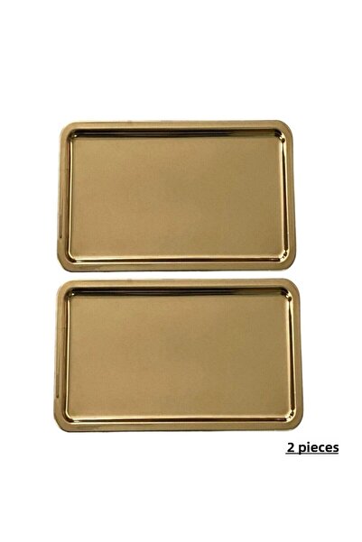 AHİR TİCARET 2-Piece Stainless Gold Serving and Presentation Tea Coffee Dessert Tray 33 x 23cm