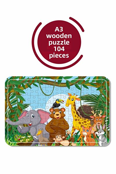 Baskı Atölyesi لغز خشبي لطيف للحيوانات مقاس A3 مكون من 104 قطعة