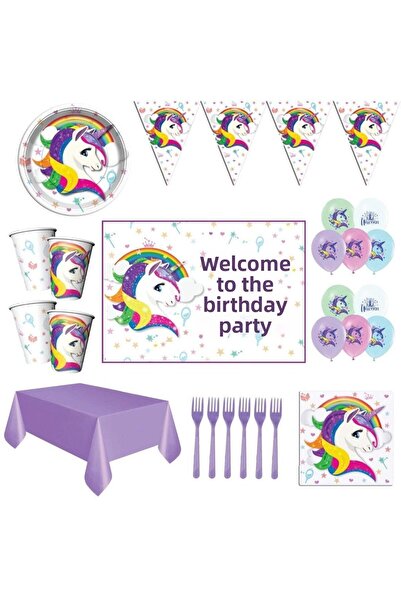 Parti Furyası White Unicorn 8 Person Birthday Ornaments - with Banners
