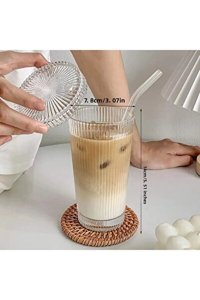 Amentes 1 Single Pinterest Model Origami Striped Mica Lid Glass Cup with Straw