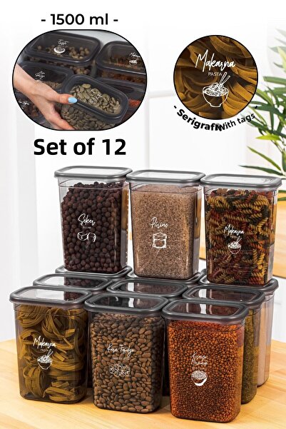 Vienev مجموعة من 12 حاوية تخزين مستطيلة بيجي مع ملصق طباعة الشاشة البيضاء 1500 مل أنثراسايت