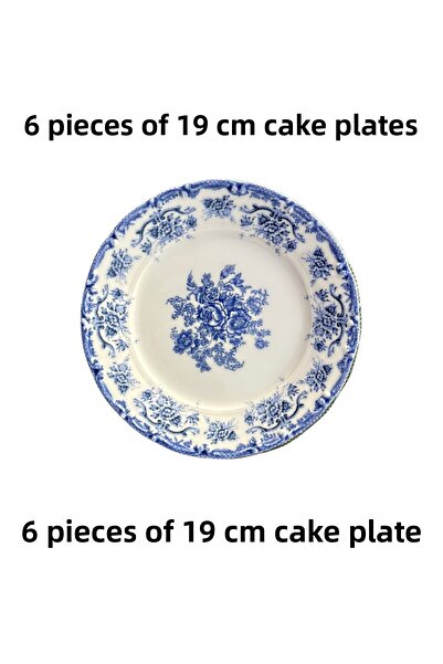 porselenden Antique Baby Blue 6-Seater Premium Porcelain - Blue Floral Pattern Cake Plate Set, 19 cm