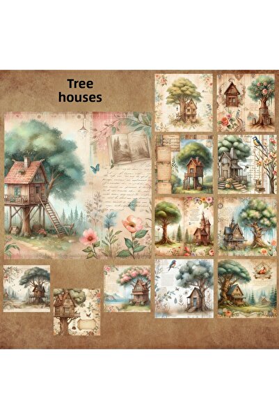 Pink Swan Craft Vintage Tree Houses Set de 12 etichete autocolante pentru alb...