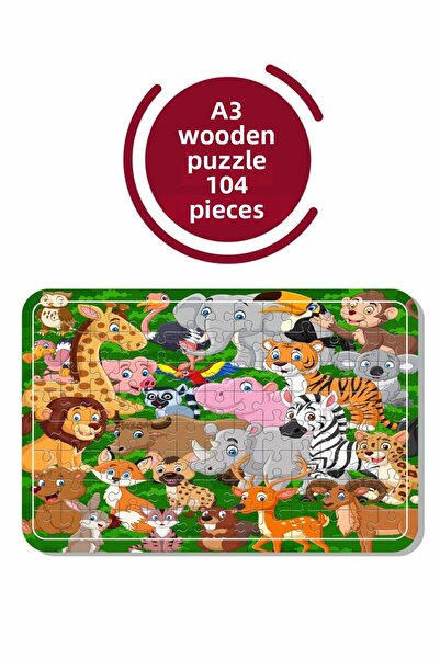 Baskı Atölyesi لغز خشبي لطيف للحيوانات مقاس A3 مكون من 104 قطعة