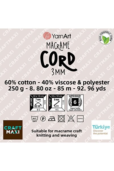 Yarnart Κορδόνι Macrame 3 Mm - Μακραμέ Χειροποίητο Πλεκτό Σχοινί Καφέ-769