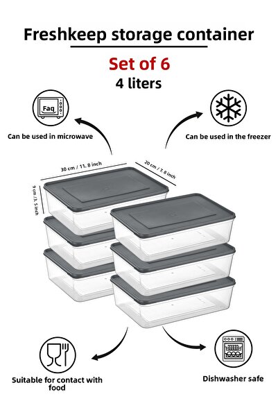 bizimevde 6-Piece Storage Container 4 Liter Deep Freezer Microwave Compatible