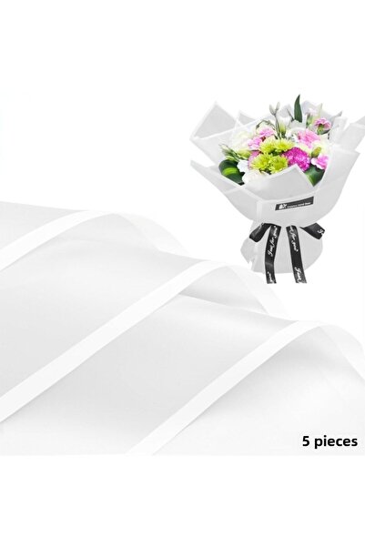 roco paper ورق تغليف زهور بيضاء بحواف بيضاء 5 قطع، ورق تغليف باقة شفاف غير لامع مقاوم للماء، 58 × 58 سم
