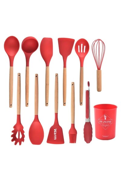 Amentes Silicone 11-Piece Ladle Set Heat Resistant; Ladle-beater-pasta Ladle- Serving Set with Spatula Stand