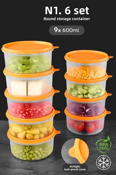 Meleni Home Round Food Storage Set of 9 - Food Organizer Orange 9X600Ml Container