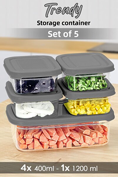 Meleni Home Set of 5 Gray Food Storage Containers - Microwavable Organizer