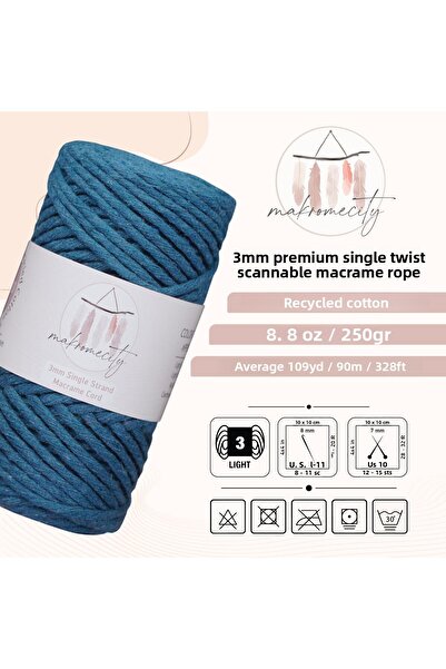 Makromecity Σκάνδαλο μακραμέ 3mm Σκάνδαλο βαμβακερό νήμα μακραμέ νήμα τζιν μπλε