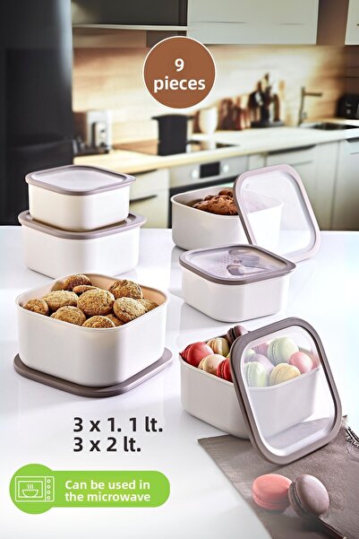 grimorlife 6 Leak Proof Storage Containers 3X1,1 Lt. 3X2 Lt. Beige-Microwave Storage Containers
