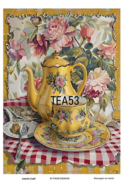 LİNEART Tea, Yellow Teapot, Cup, Flowers Pattern Tea Series Brass Decopage Pa...