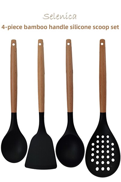 Selenica 4-Piece Kitchen Serving Set with Silicone Bamboo Handle, Spoon, Spat...