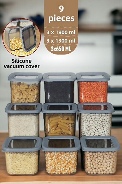 İronika 9 Pieces Food Grocery Storage Set with Lid - 1900-1300-650 ml Square Box