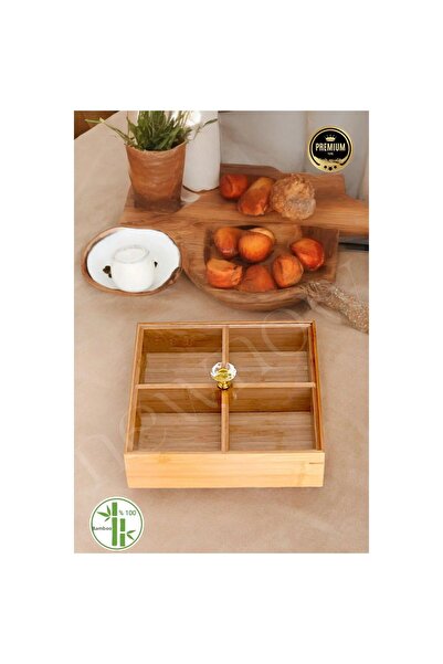 morponi Bamboo 4 Compartment Snack Bowl - Breakfast Acrylic Lid 24 cm