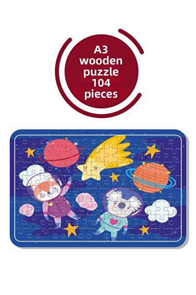 Baskı Atölyesi Cute Animals And Space A3 104 Piece Wooden Puzzle