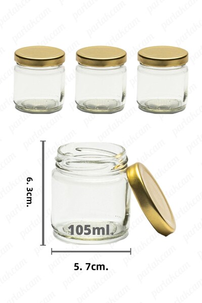 parlakcam 3 Pieces Glass Jar 105ml Gold Metal Decked Decorative Jar Suitable for Food, Cream and Food Use