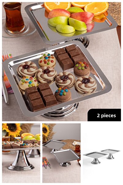 Fiyakalı Ürünler Atölyesi 2-Piece Silver Square, Stylish Cake, Pastry, Cookie and Dessert Serving Presentation Stand with Legs