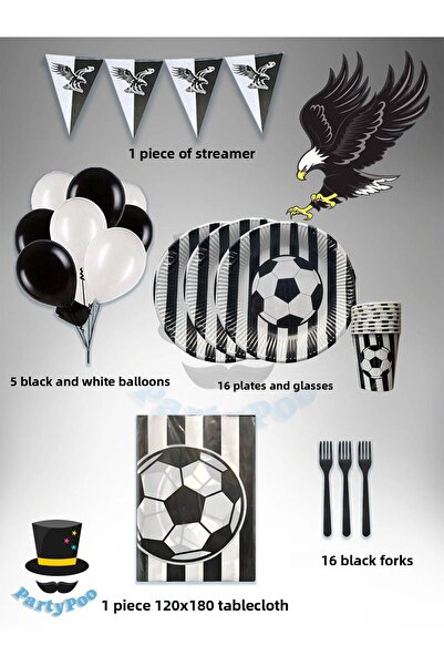 PartyPoo مجموعة عيد ميلاد مشجعي كرة القدم باللونين الأبيض والأسود تتسع لـ 16 ...