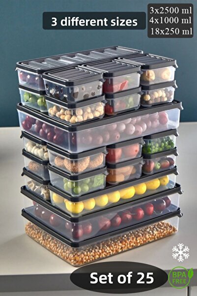 KRM HOME 25 Pieces Gray Storage Container - Microwave Compatible, 3X2500Ml 4X1000Ml 18X250Ml