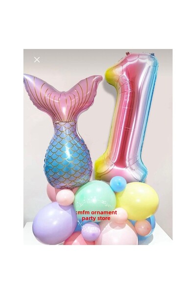 MFM مجموعة بالونات فويل بتصميم حورية البحر بألوان قوس قزح بعمر سنة واحدة