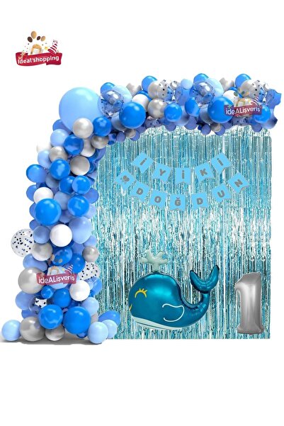 Bkmc Set de petrecere de aniversare Blue Whale 1 an cu baloane din folie Alba...
