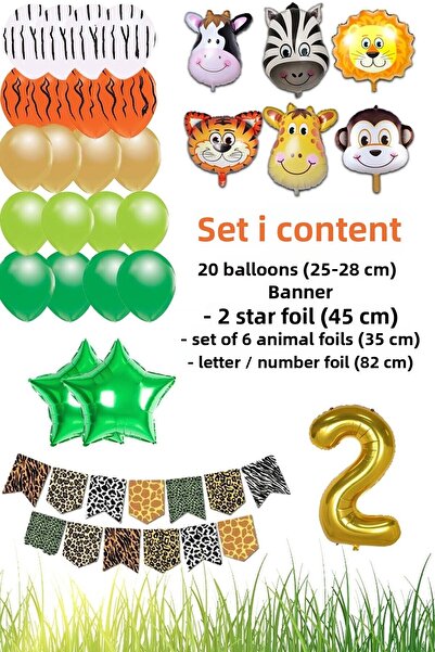 Patladı Gitti Safari Concept 2 Years Birthday Party Celebration Set; Number & Star Foil, Banner & Balloon Chain