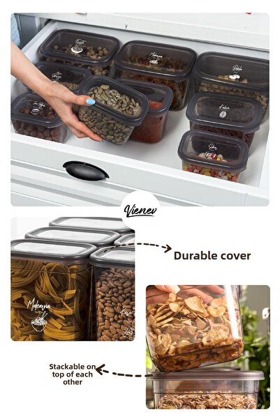 Vienev Set of 8 Peggy Rectangular Storage Containers with White Screen Printing Label 4x(1500-1150 Ml) Anthracite