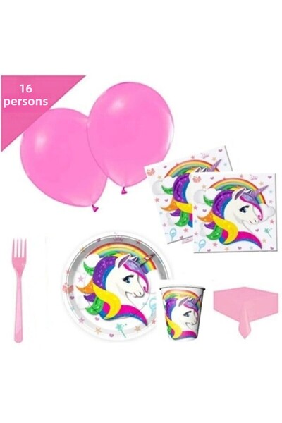 Bkmc 16-Person Unicorn Plate Cup Birthday Set of 16