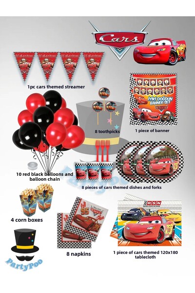 PartyPoo Cars Cars Themed Mega Birthday Set for 8 People |   Party Supplies and Decorations