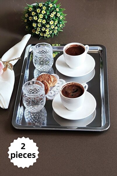 ÖzSa Home صينية تقديم وحلوى قهوة من الفولاذ المقاوم للصدأ مكونة من قطعتين مقاس 33 × 23 سم