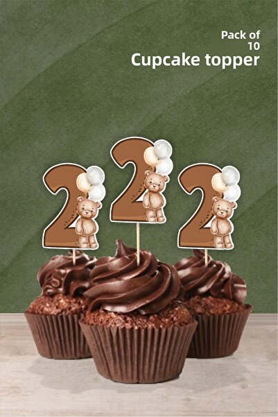 neşeli günlerim زينة كب كيك بتصميم دمية دب بعمر عامين - 10 قطع