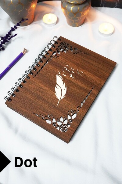 markcat Bird Feather Wooden Cover Notebook - Dotted Notebook - 60 Sheets (120 Pages) - A5 15X21 cm