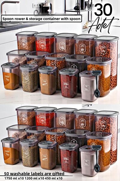 Kitchen Life 30-Piece Labeled Square Food Storage Container and Spice Bowl Set with Spoon - (1750ML 1200ML 400 ML)