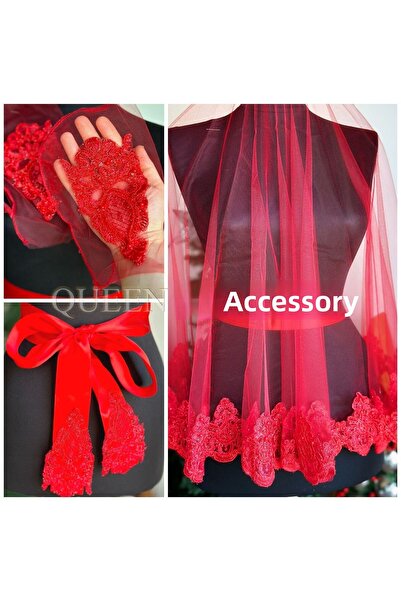 Queen Nelly Design de lux - Set de brâu roșu de mireasă din dantelă guipură cu sclipici perlat și voal din tul