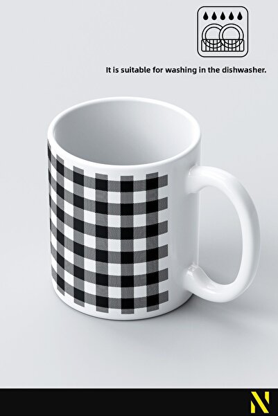nilizma Black Colored Plaid Gingham Patterned Mug – 330 ml Mug |   Stylish and Durable Design