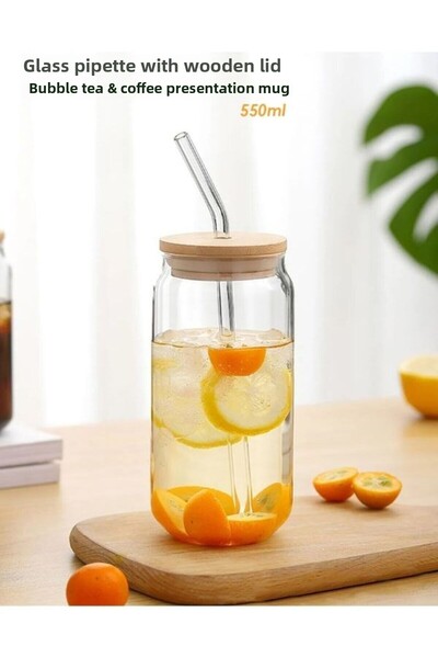 Viyalente 3-Piece Heat-Resistant - Glass Straw Wooden Lid Bubble Tea and Borosilicate Cup Coffee Presentation Set