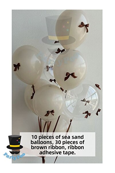 PartyPoo Brown Bow Ribbon Transparent-Sand Beige Balloon Set 10-Piece Birthday Party Set