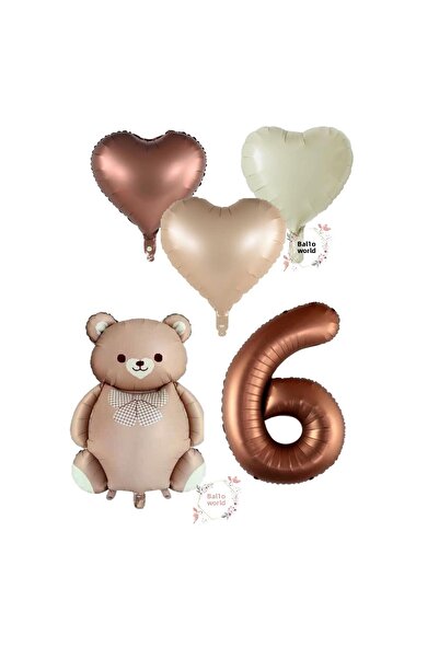 BAL10 DÜNYASI مجموعة بالونات بنية - لعمر 6 سنوات - فويل مع مجسم الدبدوب والقلب