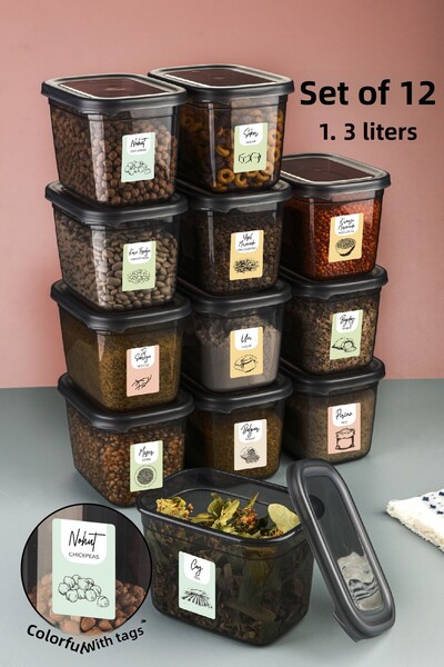 Vienev مجموعة من 12 حاوية تخزين مستطيلة بيجي مع ملصقات ملونة سعة 1.3 لتر أنثر...