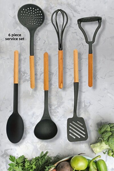 AzzaWood Wooden Handle 6-Piece Serving Set Black Color Plastic