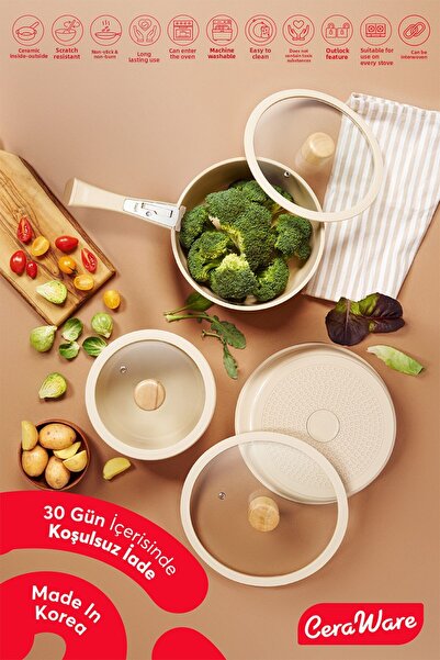 Ceraware Hona Daily Beige Ceramic Nonstick Pots and Pans Set - 9 Pieces Plug ...